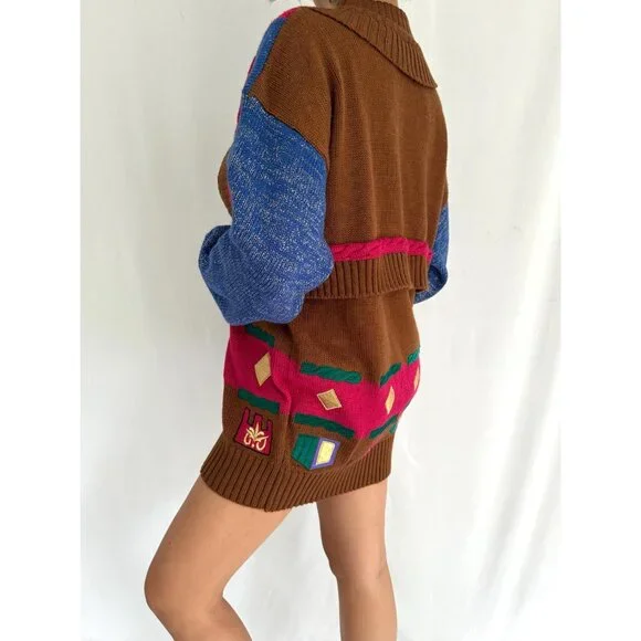 80s vintage colorful funky crazy abstract print novelty knit long sweater tunic - Picture 4 of 9